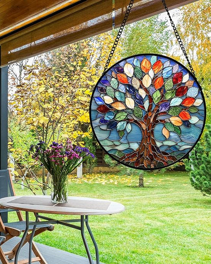 Stained Glass Window Hanging, Colorful Tree of Life Sun Catchers Glass Panel Blue Suncatcher Decor for Birthday for Women, Men, Wife, Aunt, and Mom 7.8 in