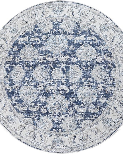 jinchan Fiora Round Rug 4ft Area Rugs Vintage Floral Distressed Design - Machine Washable Non-Slip Low-Pile Ultra-Thin Circle Rug for Entryway Bedside Living Room Bedroom (4' Round, Dark Blue)