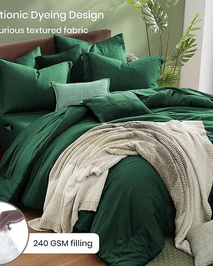 Monbix King Size Comforter Set, Emerald Green King Bedding Set Reversible, King Comforter Set 7 Pieces, Cationic Dyeing Bed in a Bag with Comforter, Sheets, Pillowcases & Shams
