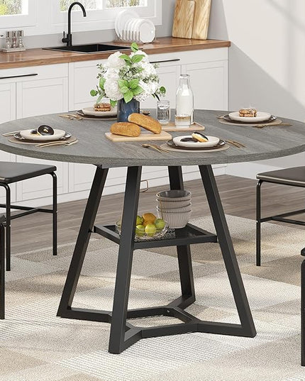 Round Dining Table for 4, Kitchen Tables Dining Room Circle Dinner Table with Pedestal Metal Frame, Space Saving Wood Industrial Kitchen & Dining Room Tables, Grey 47In