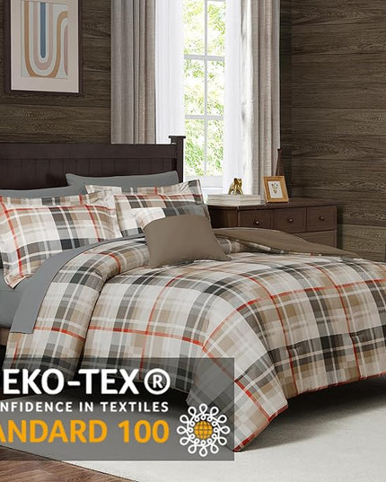 MaiRêve Plaid Queen Comforter Sets Khaki, Classic Farmhouse Bedding Set Bed in A Bag 7 Pieces, Lightweight All Season Comforter Set with Fitted & Flat Sheet, Pillowcases & Shams