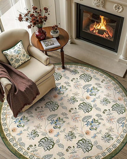 jinchan Elora 5ft Floral Round Rug for Entryway Washable Rug Vintage Romance Christmas Design Non Slip Indoor Doormat Lightweight Low-Profile Throw Carpet for Living Room Dining Room, Green/Beige