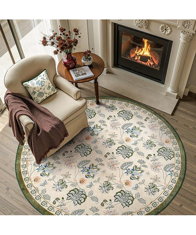 jinchan Elora 5ft Floral Round Rug for Entryway Washable Rug Vintage Romance Christmas Design Non Slip Indoor Doormat Lightweight Low-Profile Throw Carpet for Living Room Dining Room, Green/Beige