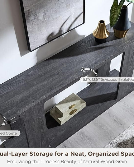 OKD 63 Inch Modern Entryway Console Table, 2-Tier Long Sofa Table Behind Couch with Curved Edge, Wood Farmhouse Narrow Entry Table for Hallway, Living Room, Foyer, Entrance, Dark Alder