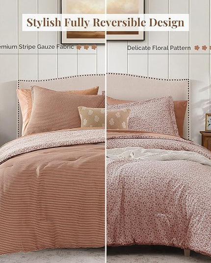 Queen Comforter Set - 7 Pieces Autumn Leaf Gauze Muslin Bedding Sets for All Seasons, Lightweight Breathable Bed in a Bag Queen with Revesible Farmhouse Comforter, Sheets, Pillowcases & Shams