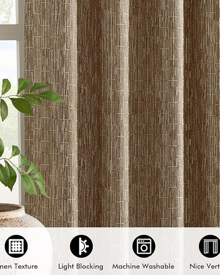 MIULEE Decorative Back Tab Linen Curtains with Geometric Pattern for Living Room Bedroom Farmhouse Rustic Thick Woven Textured Patterned Mudcloth Drapes 84 Inches Long 2 Panels Set, Brown