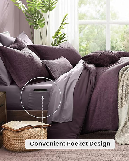 Monbix Oversized Queen Comforter Set - 7 Pieces Cationic Dyeing Italian Plum Bed in a Bag Bedding Sets with Comforter, Sheets, Pillowcases & Shams, Reversible Bedding Comforters Sets