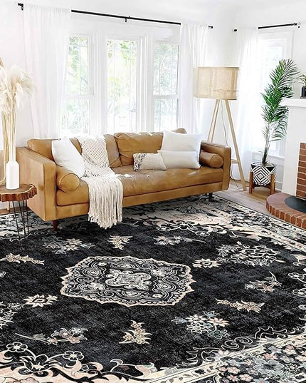 MUJOO 9’x12’ Area Rug Large Rugs for Living Room Bedroom Dining Room,Boho Washable Non Slip Bohemian Vintage Distressed Farmhouse Non Slip Big Carpet,Black Floral Flowers