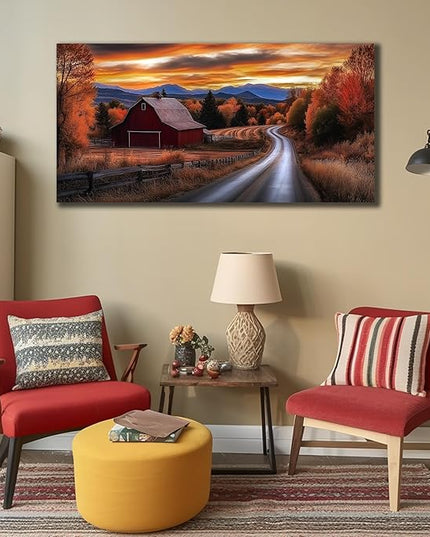 JuhaiArt Large Natural Wall Art Landscape Canvas Decor Fall Canvas Picture for Living Room Bedroom Red Barn Farmhouse Artwork 29" x 59"