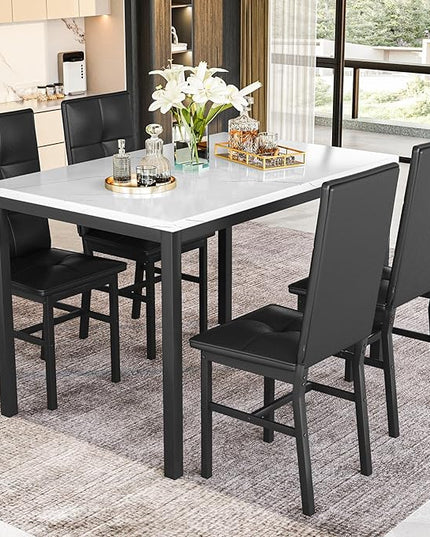 Hooseng Dining Table Set for 4, Modern Faux Marble Kitchen Table with 4 PU Leather Chairs, 5-Piece Small Dining Room Table Set for Dinette, Breakfast Nook