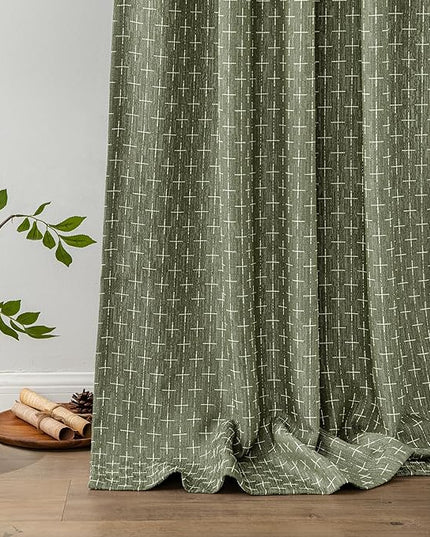 MIULEE Decorative Back Tab Linen Curtains with Geometric Pattern for Living Room Bedroom Farmhouse Rustic Thick Woven Textured Patterned Mudcloth Drapes 90 Inch Long 2 Panels Set, Olive Green