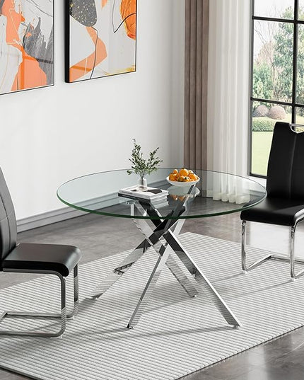 HomVent 3 Piece Round Glass Dining Table Set, Round Glass Kitchen Table Set for 2 with 2 PU Upholstered Dining Chairs for Kitchen Dining Room