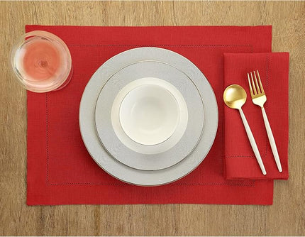 Solino Home Linen Cloth Placemats Set of 6-100% Pure Linen Hemstitch Red Placemats 14 x 19 Inch - Classic Hemstitch Table Place Mats for Christmas, Winter, New Year