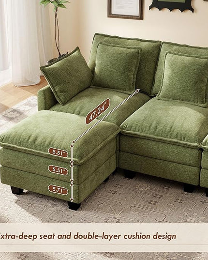 Ihanherry 106" U-Shaped Modern Sofa Modular Sectional Cloud Couch 6-Seat Chenille Seat Sofa with Ottoman for Living Room, Bedroom and Apartment, Green