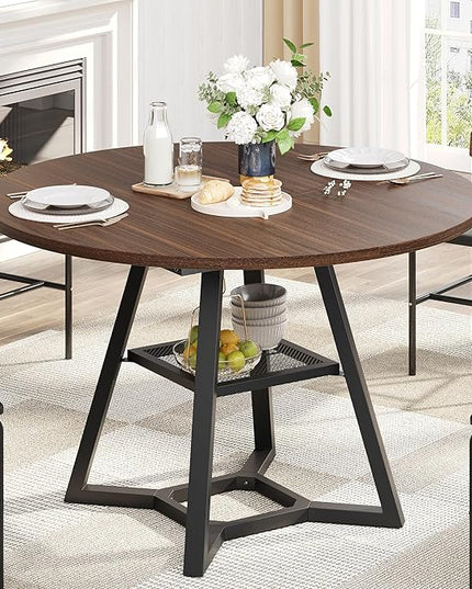 Round Dining Table for 4, Kitchen Tables Dining Room Circle Dinner Table with Pedestal Metal Frame, Space Saving Wood Industrial Kitchen & Dining Room Tables, Walnut 47In