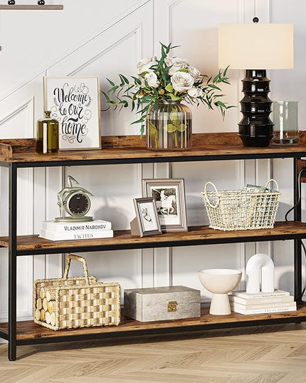 IRONCK Console Table, Sofa Table with Power Outlet, Farmhouse Hallway Table for Entryway, Living Room, Height Adjustable, Easy Assembly, Rustic Brown,55"