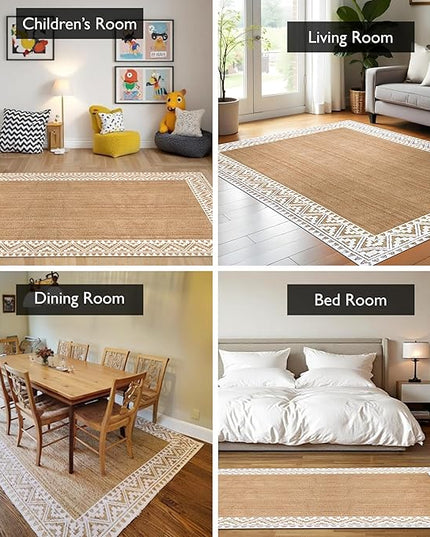 voyzz home 5X8 Feet-Rectangular, Premium Natural Jute Braided Area Rug, White Printed Border, Stain Resistance, Natural Brown, Handmade Rug for Entryways, Living Room, Dining Room, Bedroom, Farmhouse