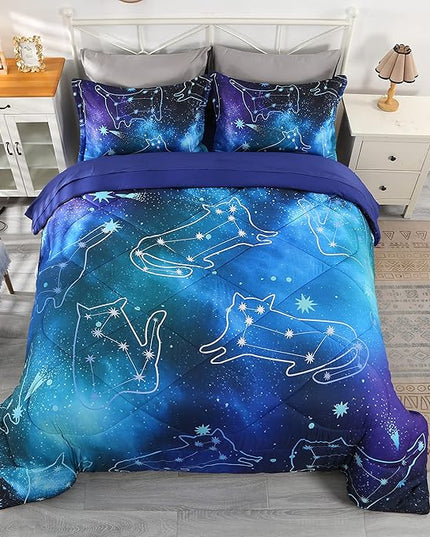 Wowelife Galaxy Bedding Twin Comforter Set for Boys and Girls 5 Pieces Cat Galaxy Comforter Set Outer Space Twin Bedding Set with Sheets Comfortable and Breathable for Kids