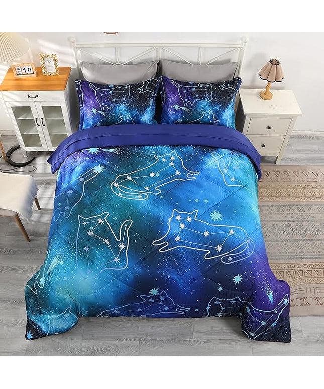 Wowelife Galaxy Bedding Twin Comforter Set for Boys and Girls 5 Pieces Cat Galaxy Comforter Set Outer Space Twin Bedding Set with Sheets Comfortable and Breathable for Kids