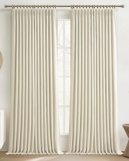 Extra Wide 70 Inch Blackout Pleated Curtains 120 Inches Long for Nursery, Cream Memory Shape Thermal Insulated 2 Layer Thick Natural Linen Noise Reducing Farmhouse Windows Drapes 2 Panels 10 FT Length
