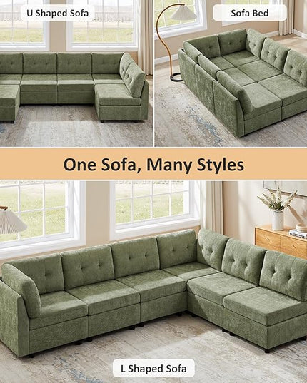 VANOMi 6 Seater Cloud Couches for Living Room, 118" Convertible Modular Cloud Sofas & Couches, Comfy Chenille Sectional Couch Sofa for Apartment, Office, Olive Green, L/U Shaped