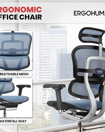 Ergohuman Eurotech ME7ERG GEN2 High Back Mesh Office Chair with Tilt Tension Control, Tilt Lock, Back Angle, Back Height, Synchro Tilt, Seat Height, Seat Depth, and Arm Height Adjustments, Blue