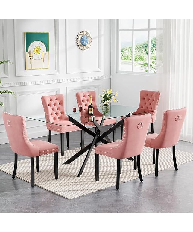 HomVent 7 Piece Rectangular Glass Dining Table Set, Tempered Glass Dinner Table Set for 6 Kitchen Table Set with 6 Velvet Upholstered Chairs for Kitchen Dining Room