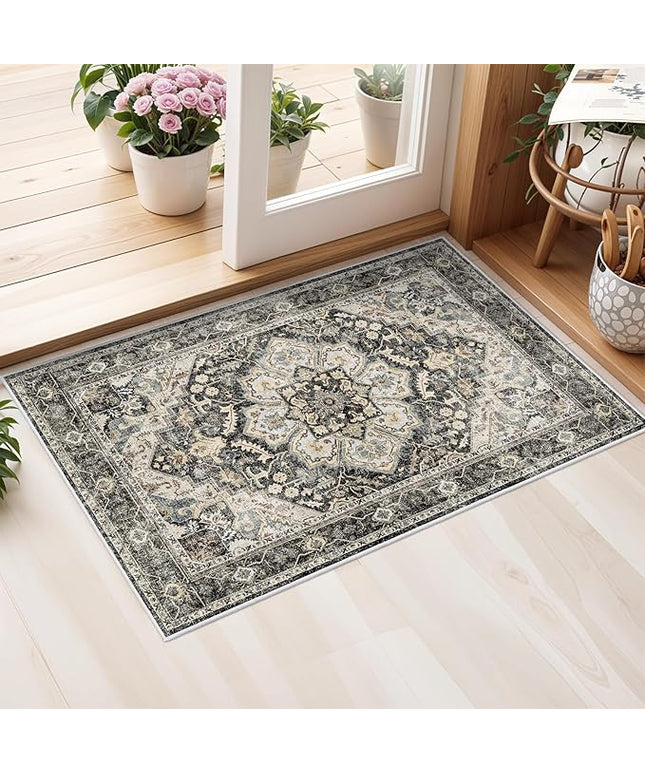 Washable Oriental Area Rug - 2x3 Rugs for Living Room Soft Carpet for Bedroom Waterproof Floral Distressed Indoor Stain Resistant Non-Shedding Floor Carpets (Black/Grey, 2x3)