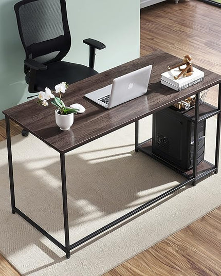ivinta Computer Desk, Home Office Desk with Storage Shelves and Metal Frame for Living Room, Bedroom, Office, Whale (Brown, 55")
