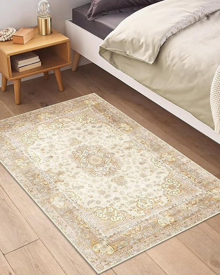 Small Rugs 2'x3',Boho Rug for Entryway Bathroom Kitchen Entrance Doormat,Vintage Bohemian Distressed Washable Accent Indoor Mat Floor Throw Carpet Non Slip,Beige Gold Floral