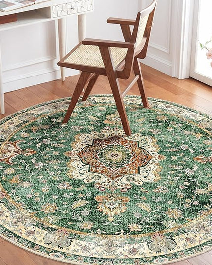 Green Round Rug 4ft,Circle Washable Area Rugs for Bedroom Bathroom Entryway Kitchen,Small Boho Vintage Bohemian Distressed Oriental Floral Carpet Non Slip,Retro Sage Floral