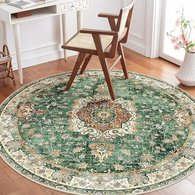 Green Round Rug 4ft,Circle Washable Area Rugs for Bedroom Bathroom Entryway Kitchen,Small Boho Vintage Bohemian Distressed Oriental Floral Carpet Non Slip,Retro Sage Floral