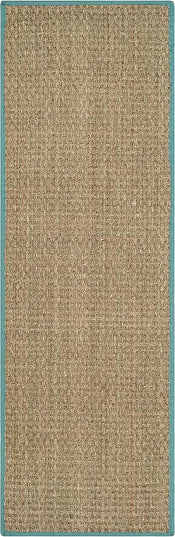 SAFAVIEH Natural Fiber Collection Runner Rug - 2'6" x 14', Natural & Teal, Seagrass, Basketweave Pattern with Border (NF114R)