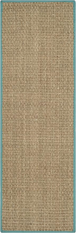 SAFAVIEH Natural Fiber Collection Runner Rug - 2'6" x 14', Natural & Teal, Seagrass, Basketweave Pattern with Border (NF114R)