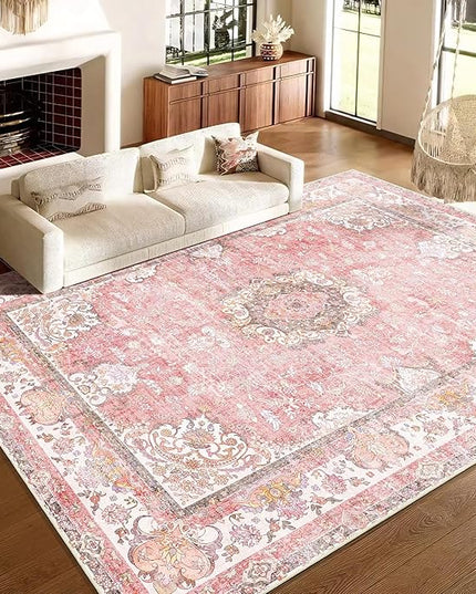 9'x12' Area Rugs Washable,Large Pink Rug for Living Room Bedroom Dining Room,Boho Vintage Bohemian Distressed Oriental Carpet Non Slip,Blush Floral Flowers