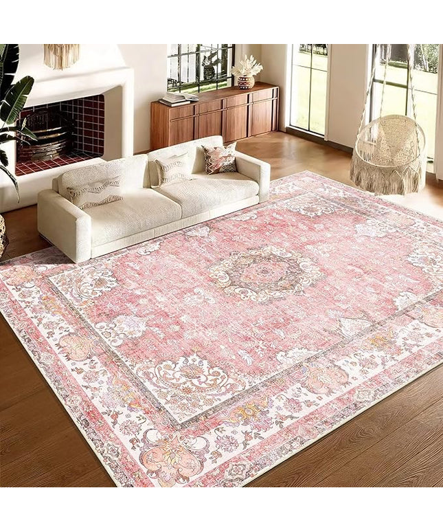 9'x12' Area Rugs Washable,Large Pink Rug for Living Room Bedroom Dining Room,Boho Vintage Bohemian Distressed Oriental Carpet Non Slip,Blush Floral Flowers