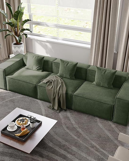 POVISON 115" Modern Modular Sectional Sofa for Living Room 25" Deep Seat Sofa Set Large Sectional Couches Velvet 3 Seats Oversized Big Comfy Cloud Couch for House Office