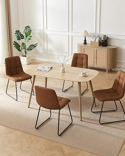 Modern 4-Piece Dining Table Set for 4 | 55-Inch Wood Kitchen Table & 4 Brown Leather Chairs | Space-Saving Dining Set for Small Spaces, Breakfast Nook, Dining Room