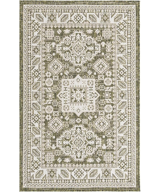 Rugs.com Outdoor Aztec Collection Rug – 3' x 5' Green Flatweave Rug Perfect for Living Rooms, Large Dining Rooms, Open Floorplans