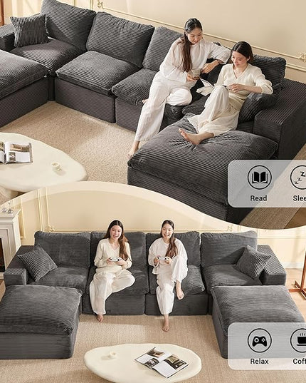 137.8” Sectional Couches for Living Room, Cloud Couch, Modular Sectional Sofa, Convertible Sofas Bed, Deep Seat Sofa, U Shaped Cozy Sofa Furniture Set, Corduroy, Gray