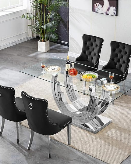 Henf 5-Piece Dining Table Set with 4 Upholstered Dining Chairs, Large Dining Table and Chair Set for 4, Modern Glass Kitchen Table Furniture for Dining Room, Glass Top and Stainless Steel Pesestal