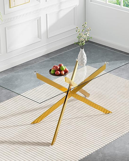 60" Rectangular Glass Dining Table Modern Kitchen Glass Top Table for 6 with Gold Metal Legs, Clear Dining Table Kitchen Table for Home Office Dining Room