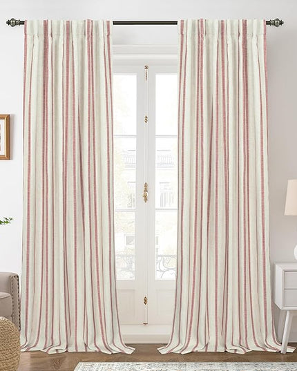 DriftAway Farmhouse Linen Blend Blackout Curtains 84 Inches Long for Bedroom Vertical Striped Printed Linen Curtains Thermal Insulated Lined Treatments for Living Room 2 Panels W52 x L84 Linen Red