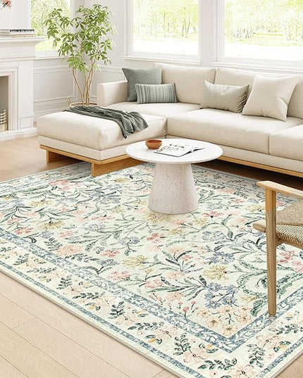 Wonnitar Boho Washable Rug 8x10, Large Area Rug for Living Room, Soft Floral Carpet for Bedroom Non Slip, 8 x 10 Indoor Beige Carpets for Nursery Dining Room Apartment Office Decor