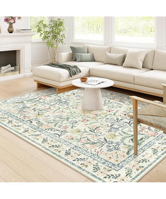 Wonnitar Boho Washable Rug 8x10, Large Area Rug for Living Room, Soft Floral Carpet for Bedroom Non Slip, 8 x 10 Indoor Beige Carpets for Nursery Dining Room Apartment Office Decor