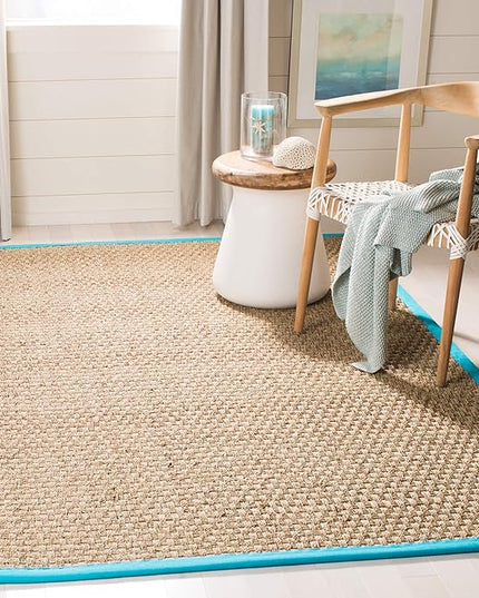 SAFAVIEH Area Rug 6' Square - Natural Fiber Collection - Natural & Turquoise, Seagrass, Basketweave Pattern with Border (NF114S)