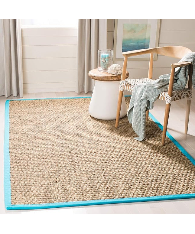 SAFAVIEH Area Rug 6' Square - Natural Fiber Collection - Natural & Turquoise, Seagrass, Basketweave Pattern with Border (NF114S)