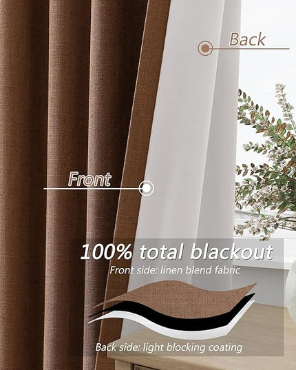 Guken 100% Blackout Linen Curtains 96 Inch Length 2 Panels Set for Living Room Bedroom Back Tab Thermal Insulated Black Out Linen Drapes Room Darkening Window Curtains,Caramel Brown