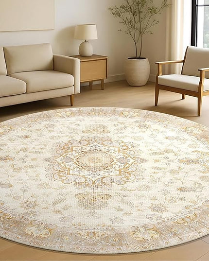 Beige Round Rug 6ft,Large Circle Area Rugs for Living Room Bedroom Dining Room,Washable Boho Vintage Bohemian Distressed Oriental Floral Carpet Non Slip,Retro Gold Floral