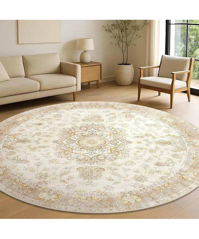 Beige Round Rug 6ft,Large Circle Area Rugs for Living Room Bedroom Dining Room,Washable Boho Vintage Bohemian Distressed Oriental Floral Carpet Non Slip,Retro Gold Floral